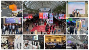 Collage di foto scattate durante drupa 2024. Si vedono alcuni degli stand e le persone di T&K che hanno prtecipato